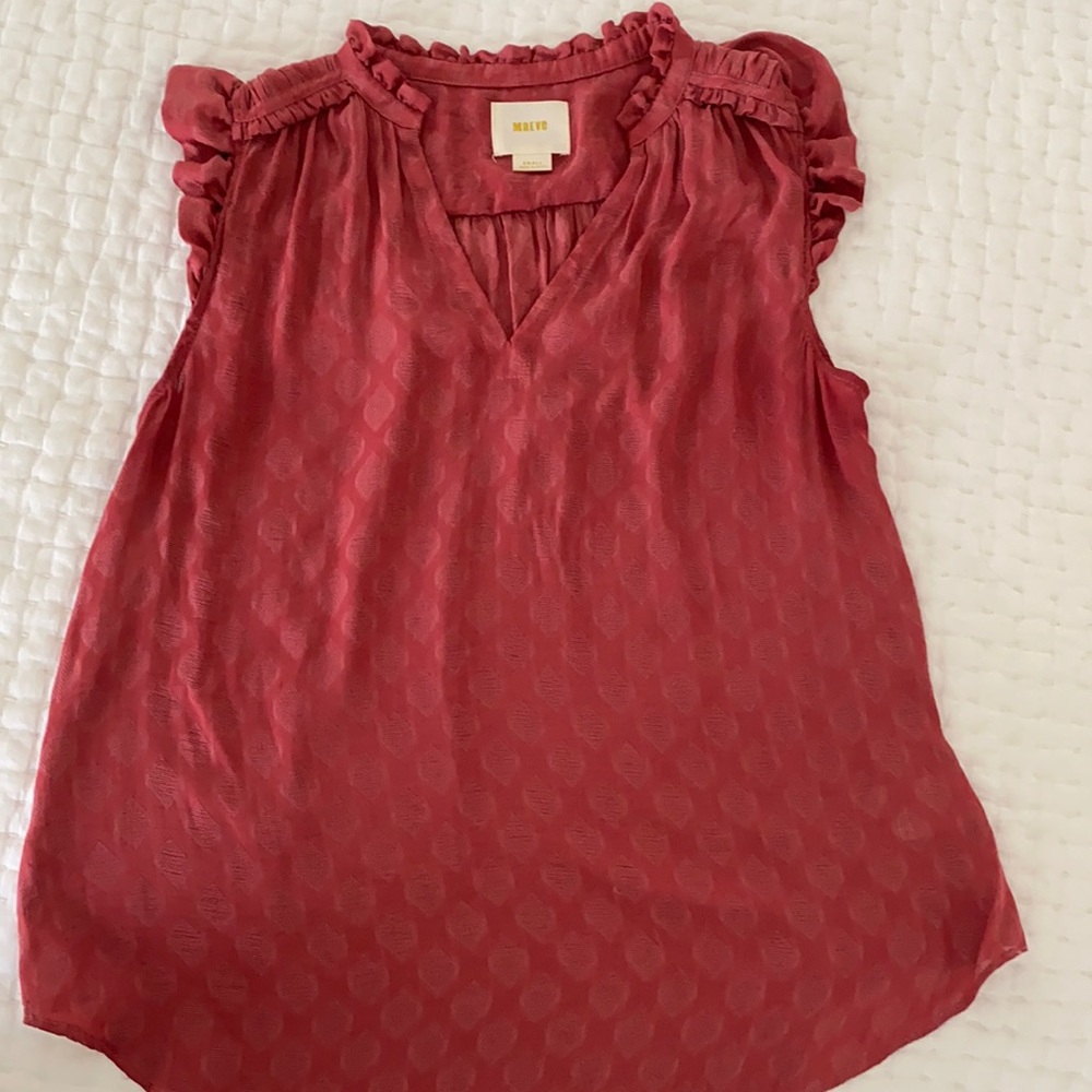 Maeve Ruffled Sleeveless V-Neck Top in Deep Rose